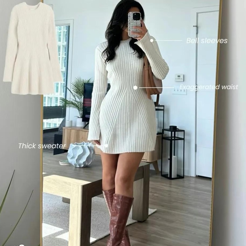 H&M VIRAL SOLD OUT Cream Ribbed Dress with A-Like Skirt & Bell Sleeve